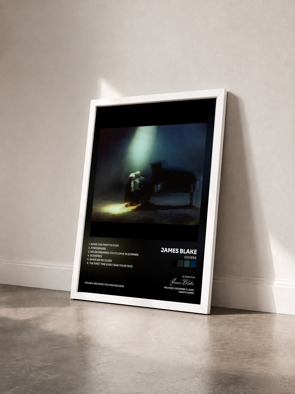 #blanc Tableau de l'album Covers de James Blake vu de trois quarts, cadre blanc