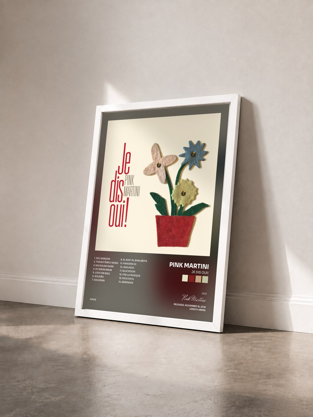 #blanc Tableau de l'album Je dis oui! de Pink Martini vu de trois quarts, cadre blanc