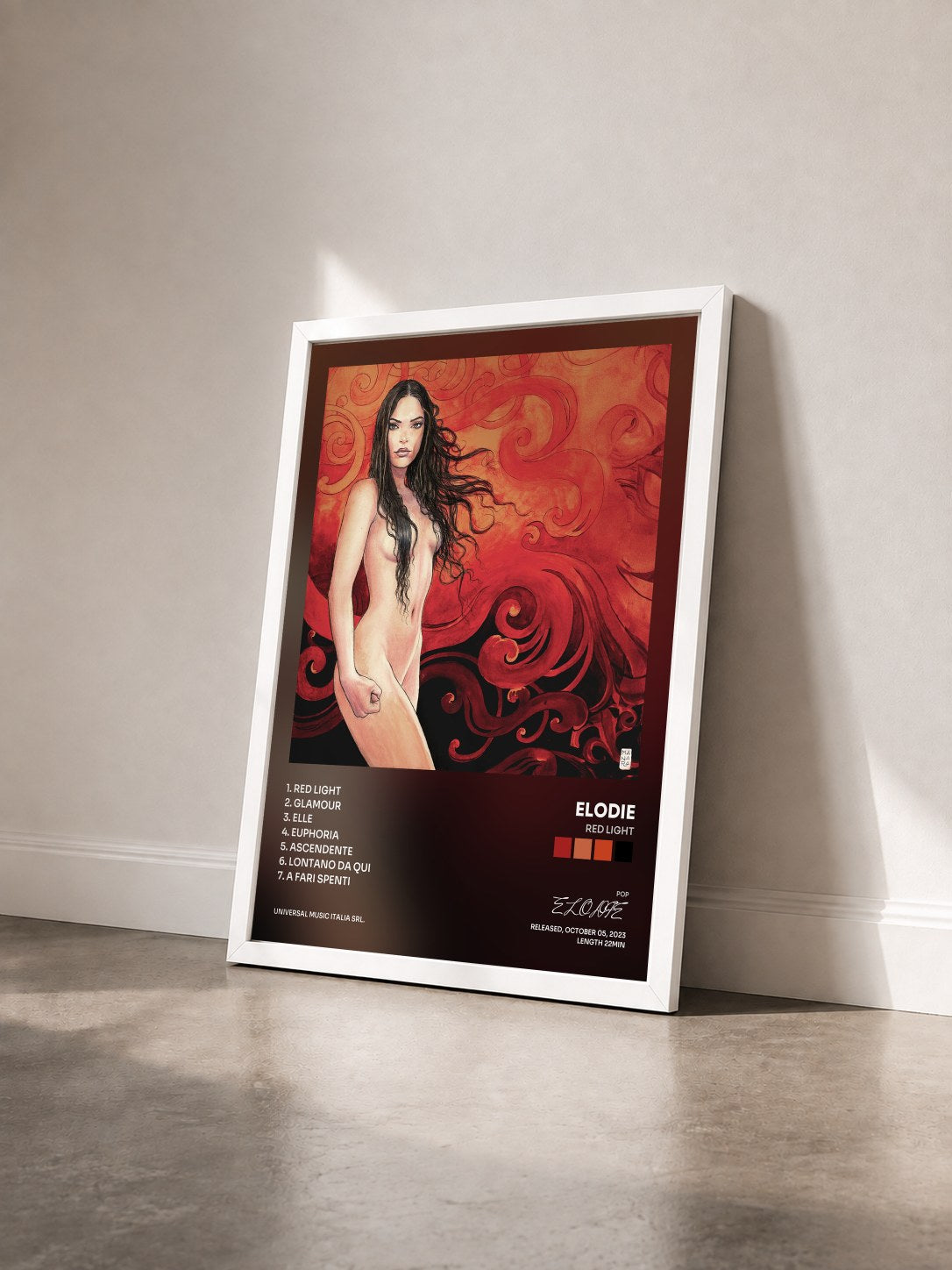 #blanc Tableau de l'album RED LIGHT de ELODIE vu de trois quarts, cadre blanc