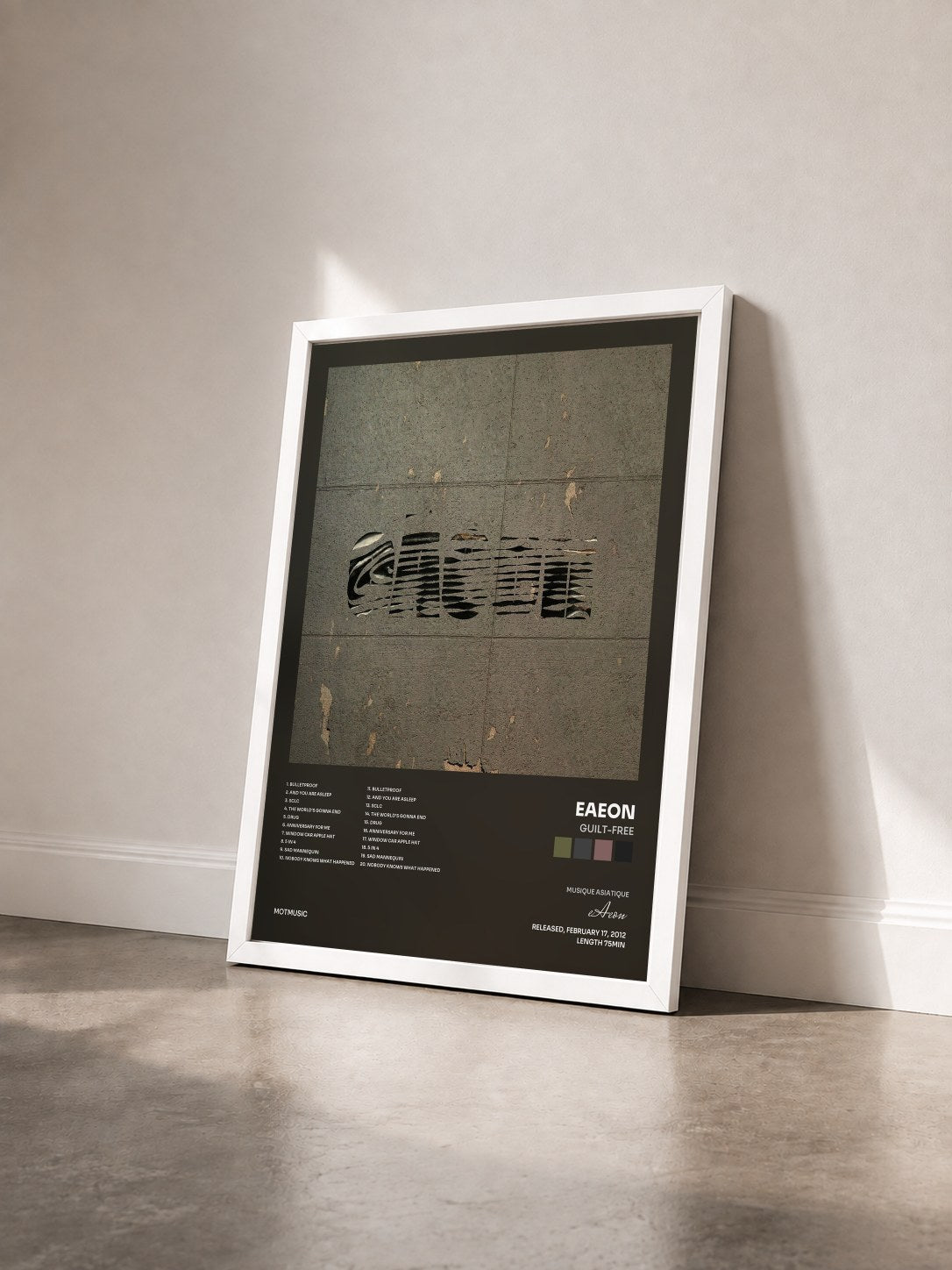 #blanc Tableau de l'album Guilt-Free de eAeon vu de trois quarts, cadre blanc