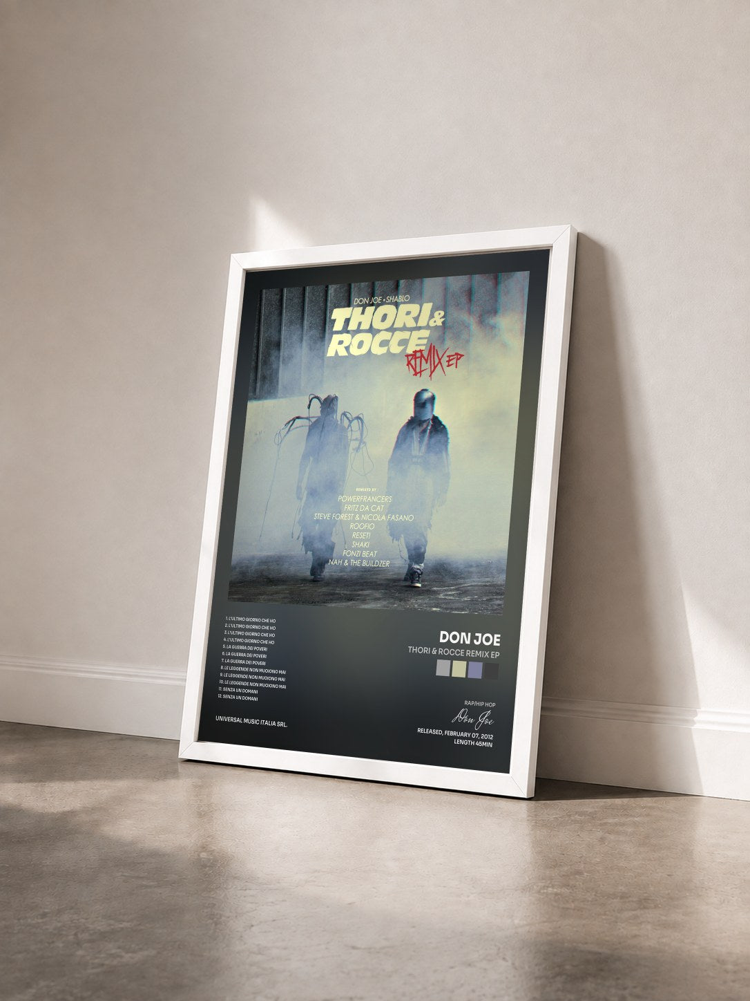 #blanc Tableau de l'album Thori & Rocce Remix EP de Don Joe vu de trois quarts, cadre blanc
