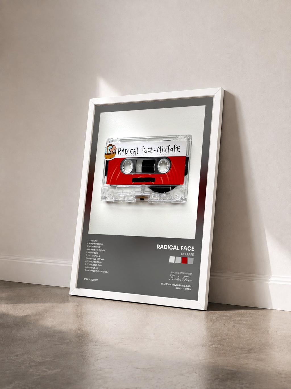 #blanc Tableau de l'album Mixtape de Radical Face vu de trois quarts, cadre blanc
