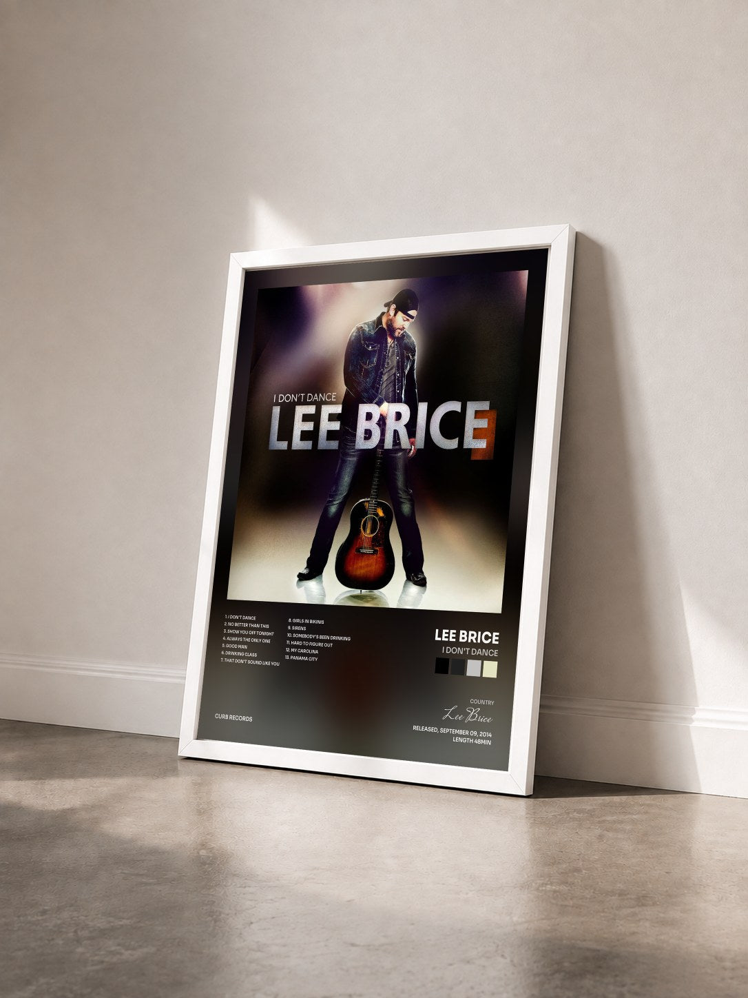 #blanc Tableau de l'album I Don't Dance de Lee Brice vu de trois quarts, cadre blanc