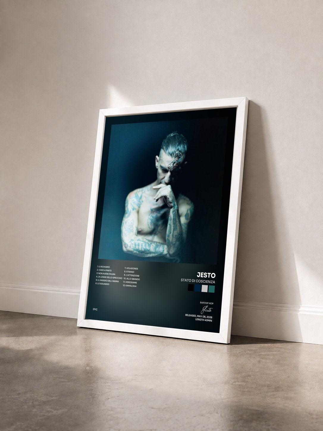#blanc Tableau de l'album STATO DI COSCIENZA de Jesto vu de trois quarts, cadre blanc