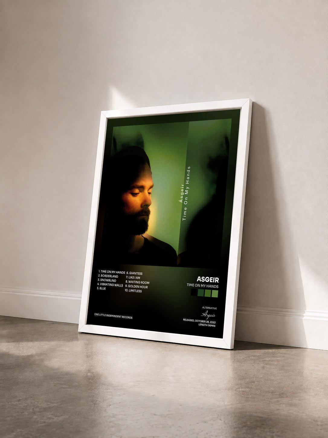 #blanc Tableau de l'album Time On My Hands de Asgeir vu de trois quarts, cadre blanc