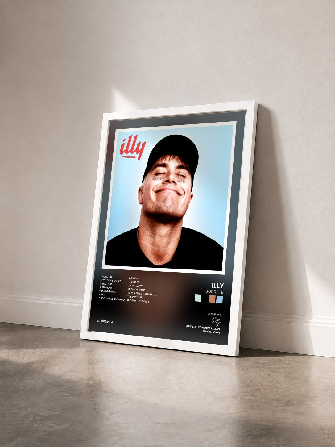 #blanc Tableau de l'album Good Life de Illy vu de trois quarts, cadre blanc