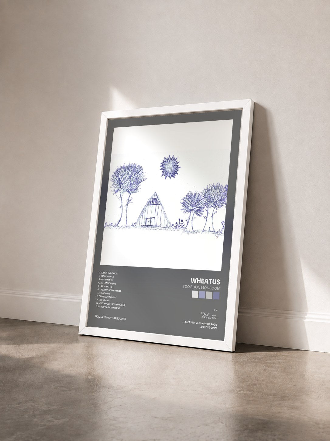 #blanc Tableau de l'album Too Soon Monsoon de Wheatus vu de trois quarts, cadre blanc