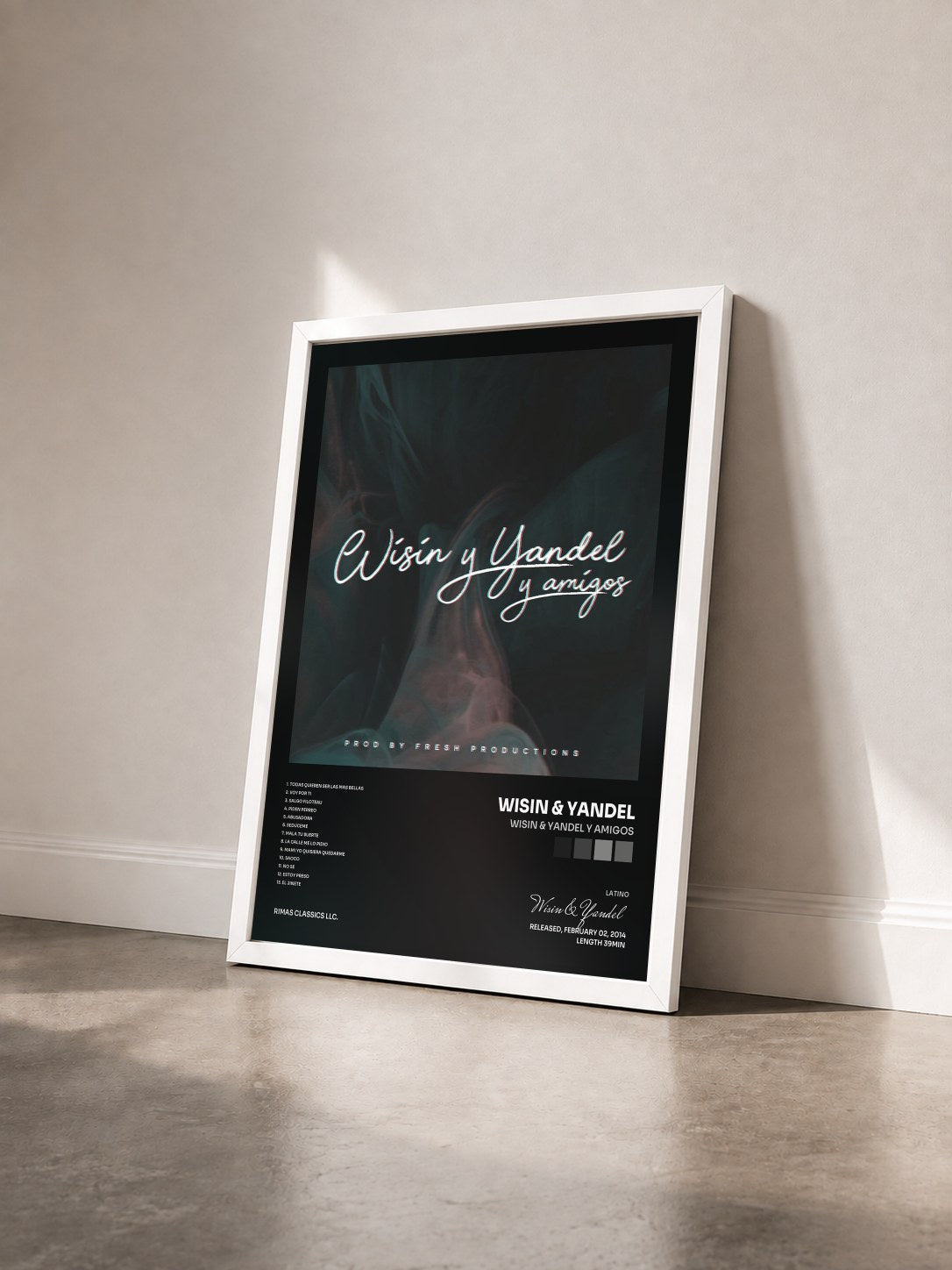#blanc Tableau de l'album Wisin & Yandel y Amigos de Wisin & Yandel vu de trois quarts, cadre blanc