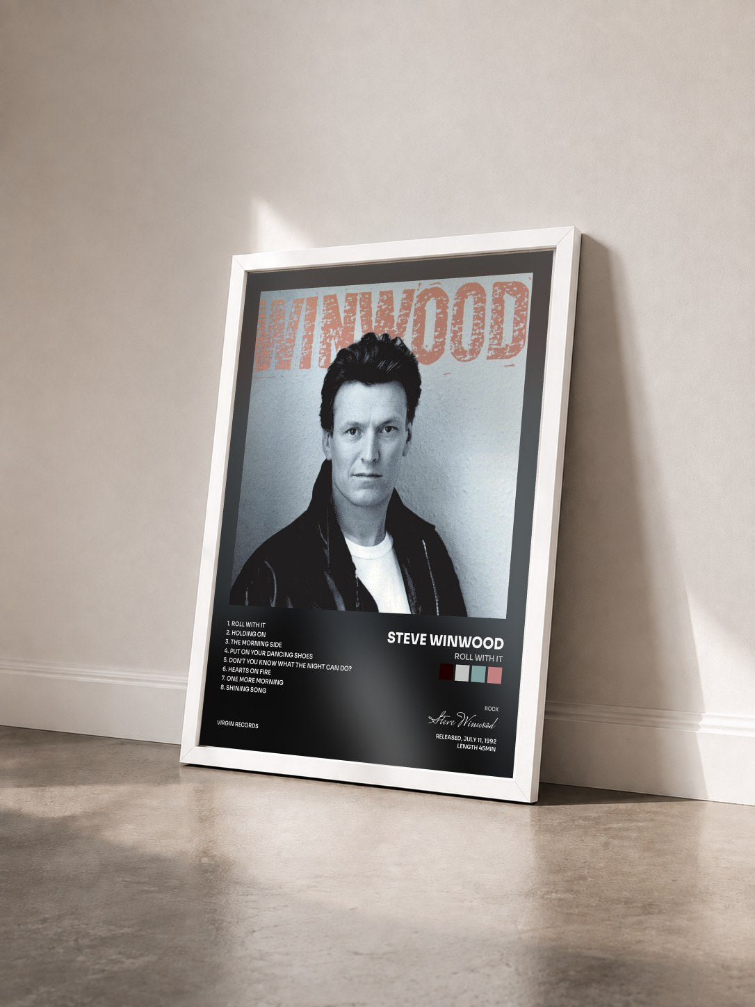 #blanc Tableau de l'album Roll With It de Steve Winwood vu de trois quarts, cadre blanc