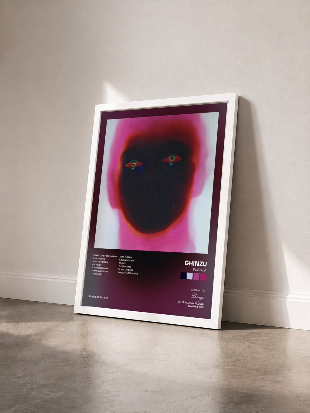 #blanc Tableau de l'album W.O.W.A de Ghinzu vu de trois quarts, cadre blanc