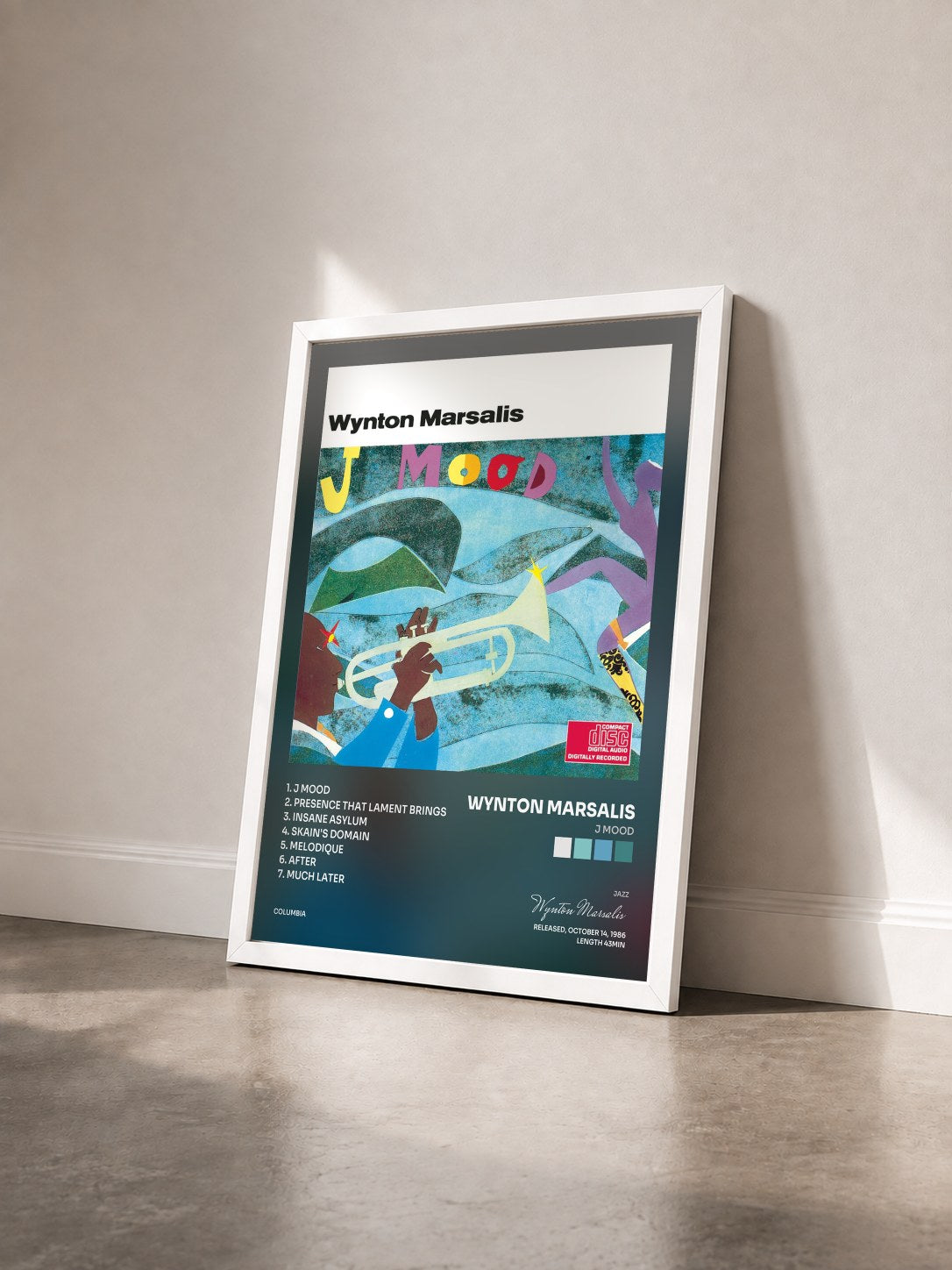 #blanc Tableau de l'album J Mood de Wynton Marsalis vu de trois quarts, cadre blanc