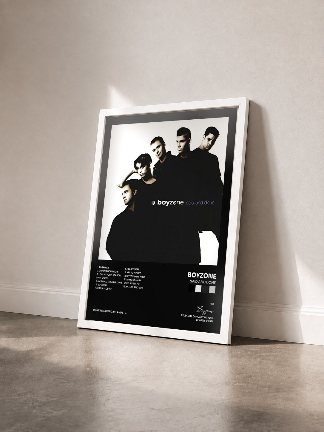 #blanc Tableau de l'album Said And Done de Boyzone vu de trois quarts, cadre blanc