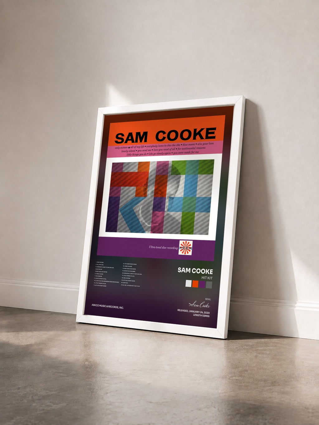 #blanc Hit Kit von Sam Cooke als gerahmter Kunstdruck von schräg gesehen, weißer Rahmen