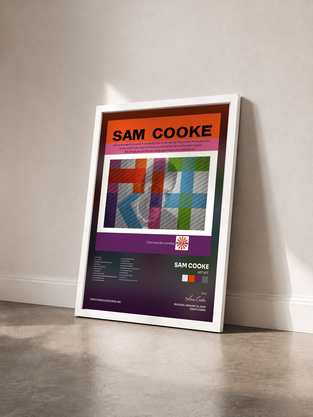 #blanc Tableau de l'album Hit Kit de Sam Cooke vu de trois quarts, cadre blanc
