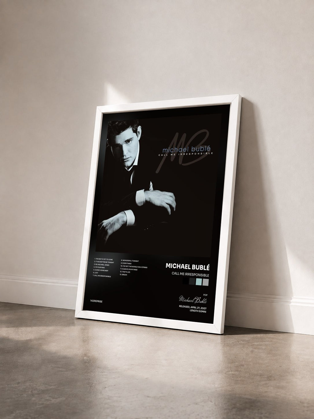 #blanc Tableau de l'album Call Me Irresponsible de Michael Bublé vu de trois quarts, cadre blanc