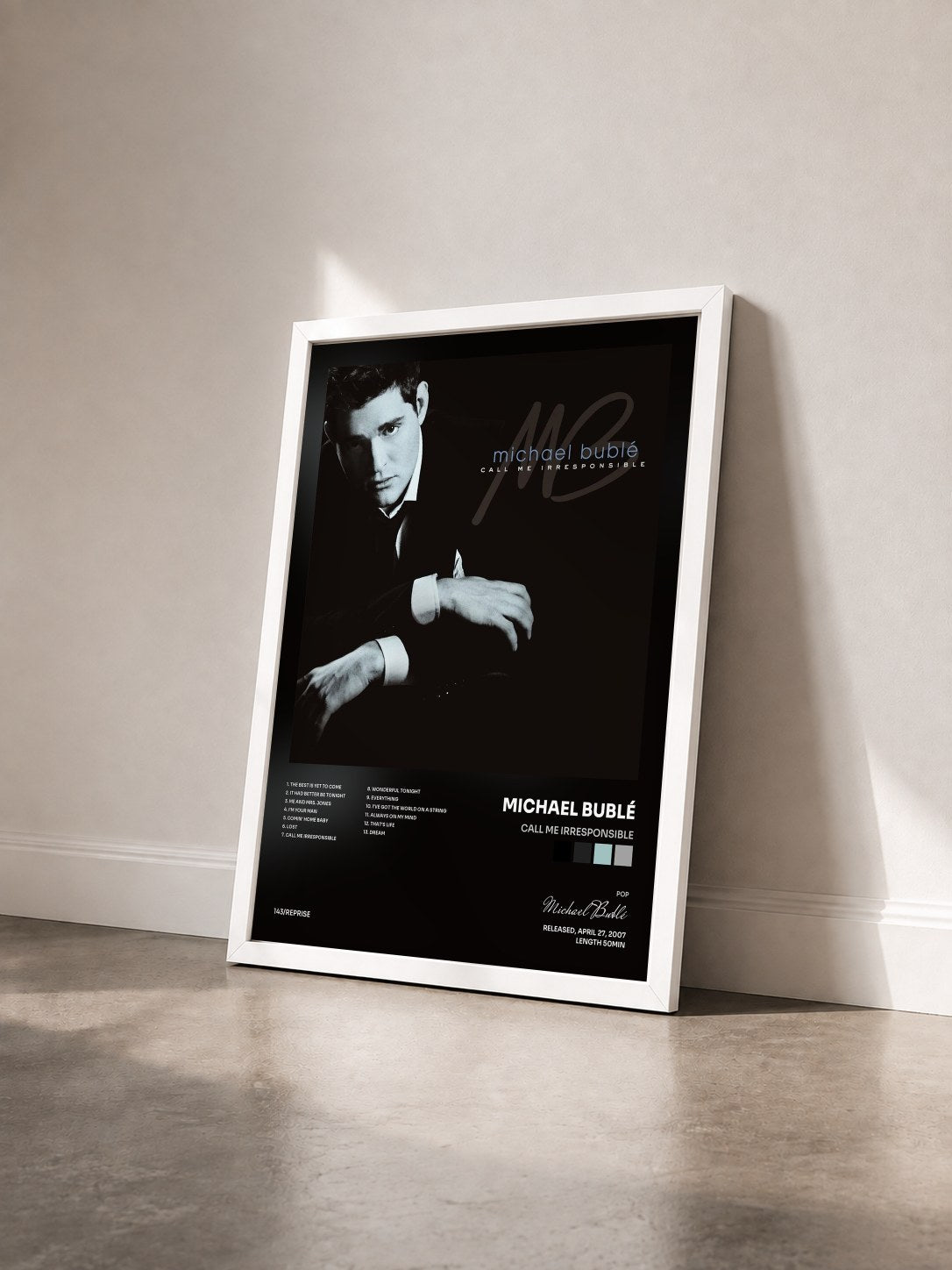 #blanc Tableau de l'album Call Me Irresponsible de Michael Bublé vu de trois quarts, cadre blanc