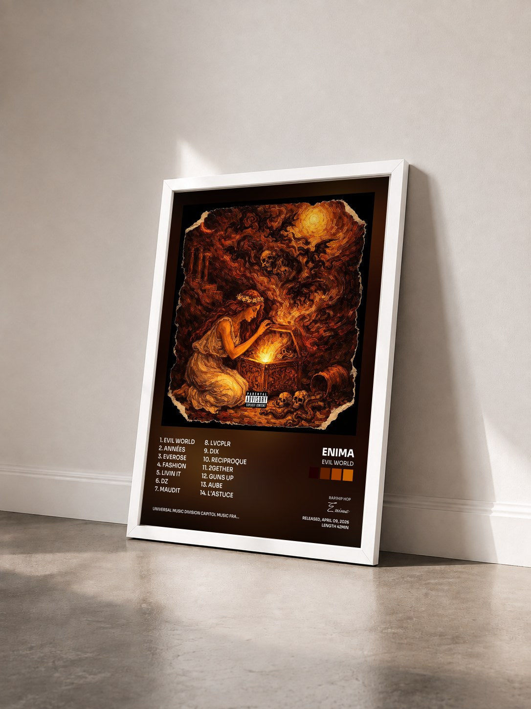 #blanc Tableau de l'album EVIL WORLD de Enima vu de trois quarts, cadre blanc
