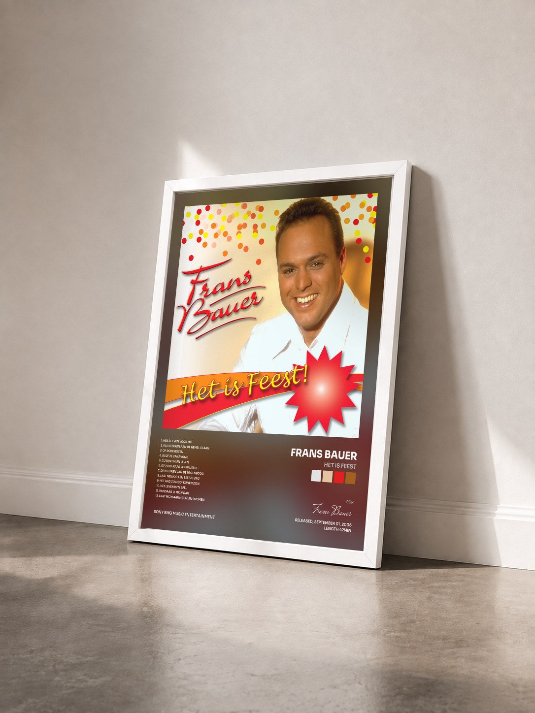 #blanc Tableau de l'album Het Is Feest de Frans Bauer vu de trois quarts, cadre blanc