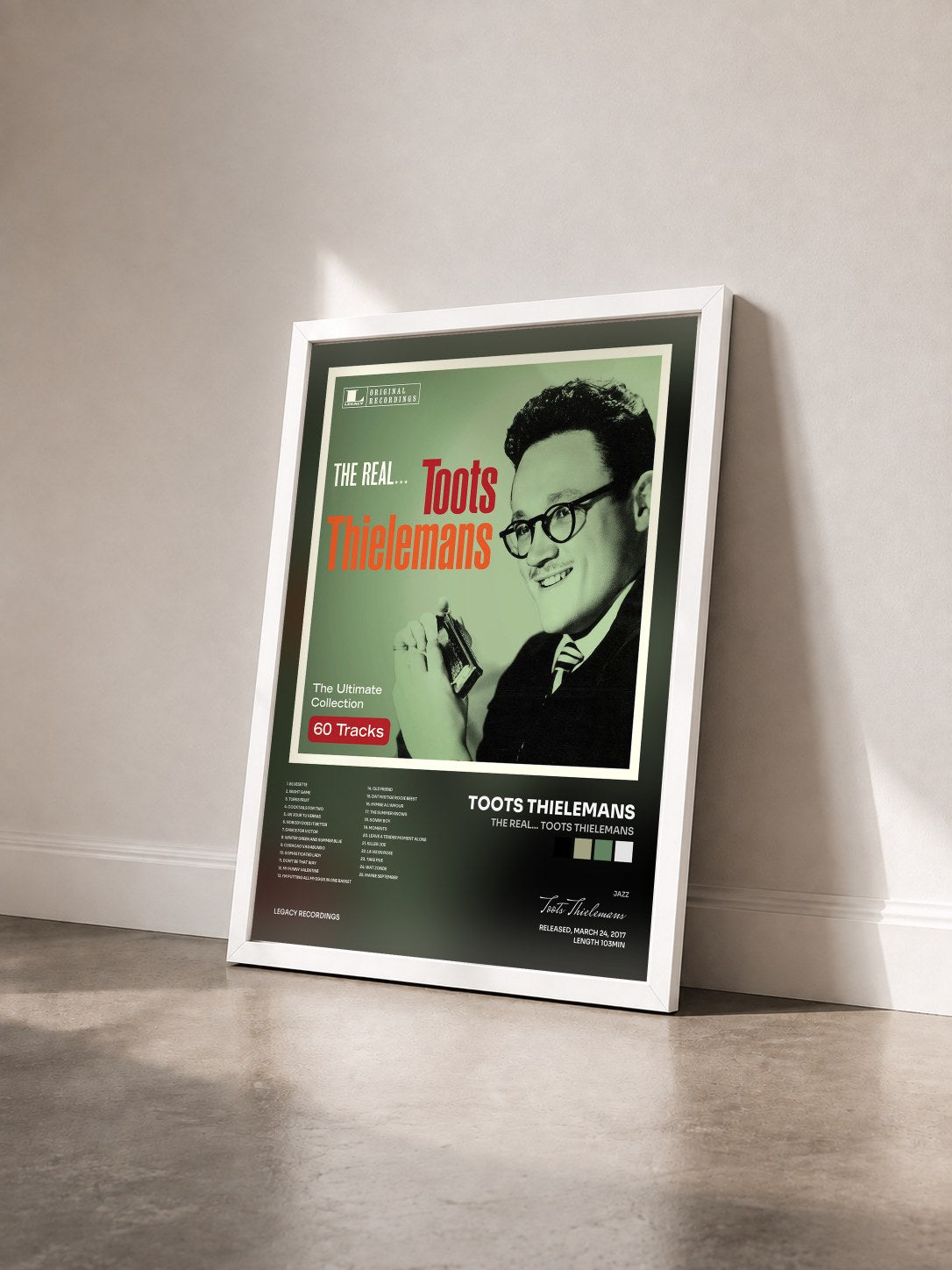 #blanc Tableau de l'album The Real... Toots Thielemans de Toots Thielemans vu de trois quarts, cadre blanc