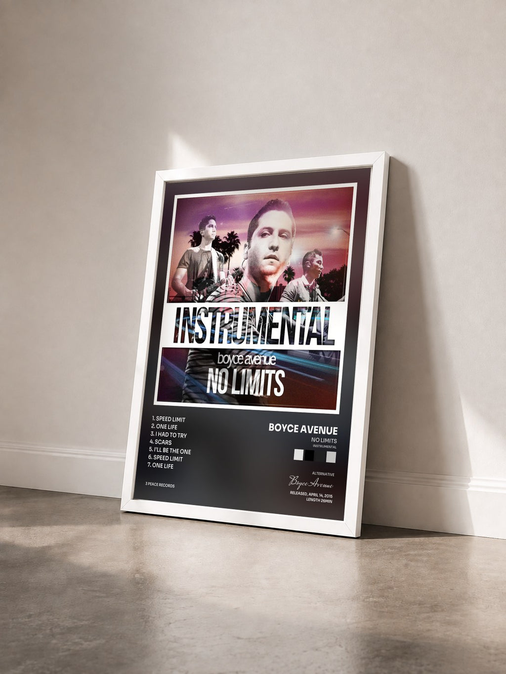 #blanc Tableau de l'album No Limits (Instrumental) de Boyce Avenue vu de trois quarts, cadre blanc