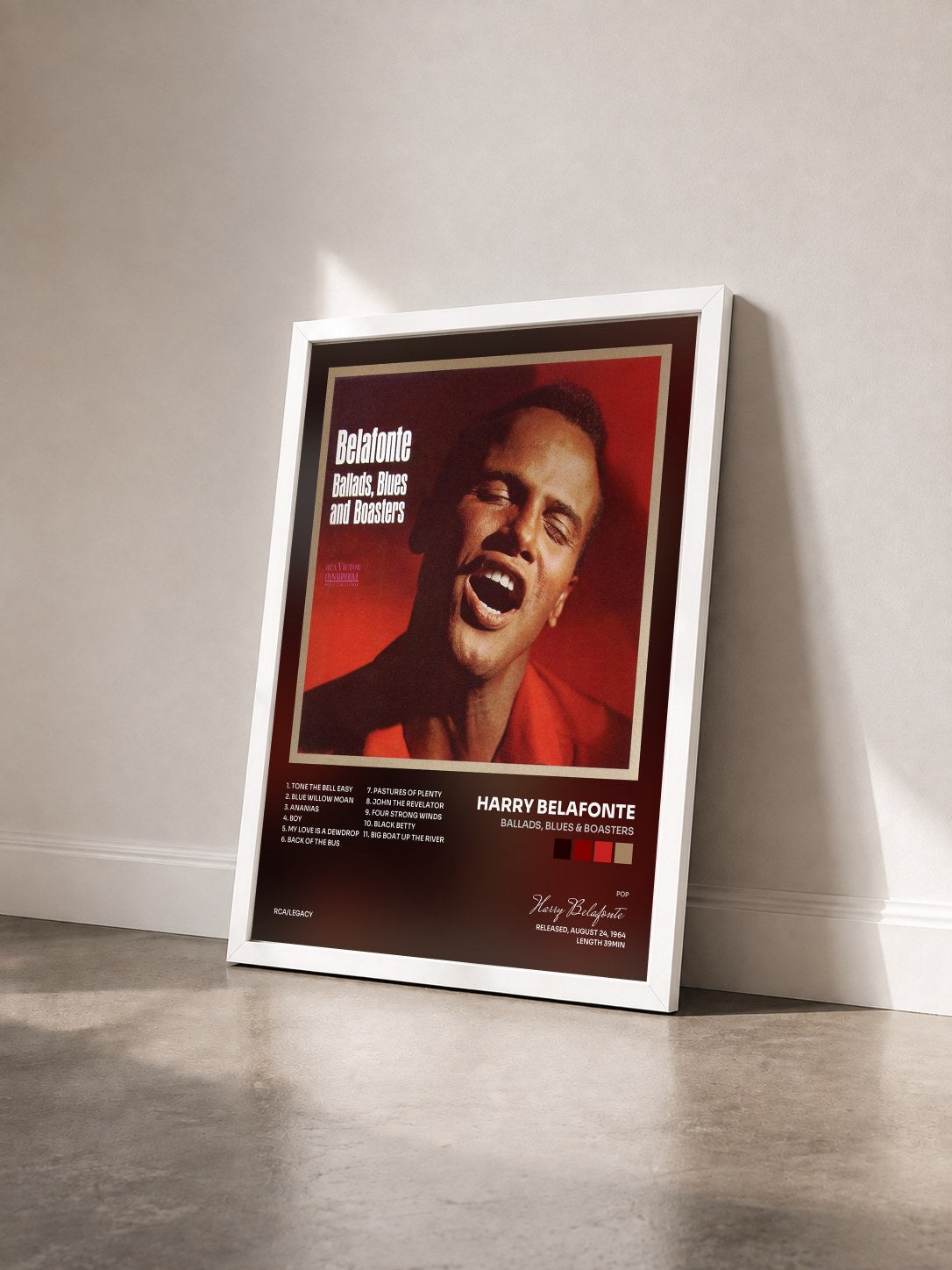 #blanc Tableau de l'album Ballads, Blues & Boasters de Harry Belafonte vu de trois quarts, cadre blanc