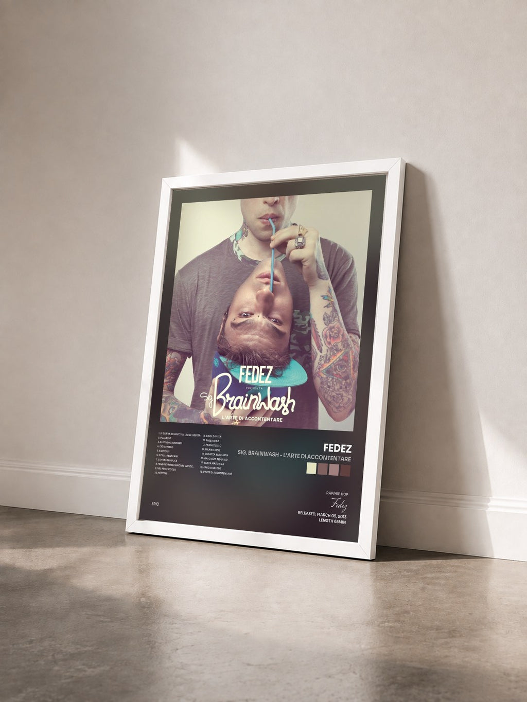 #blanc Sig. Brainwash - L'arte di accontentare di Fedez in stampa incorniciata vista di tre quarti, cornice bianca
