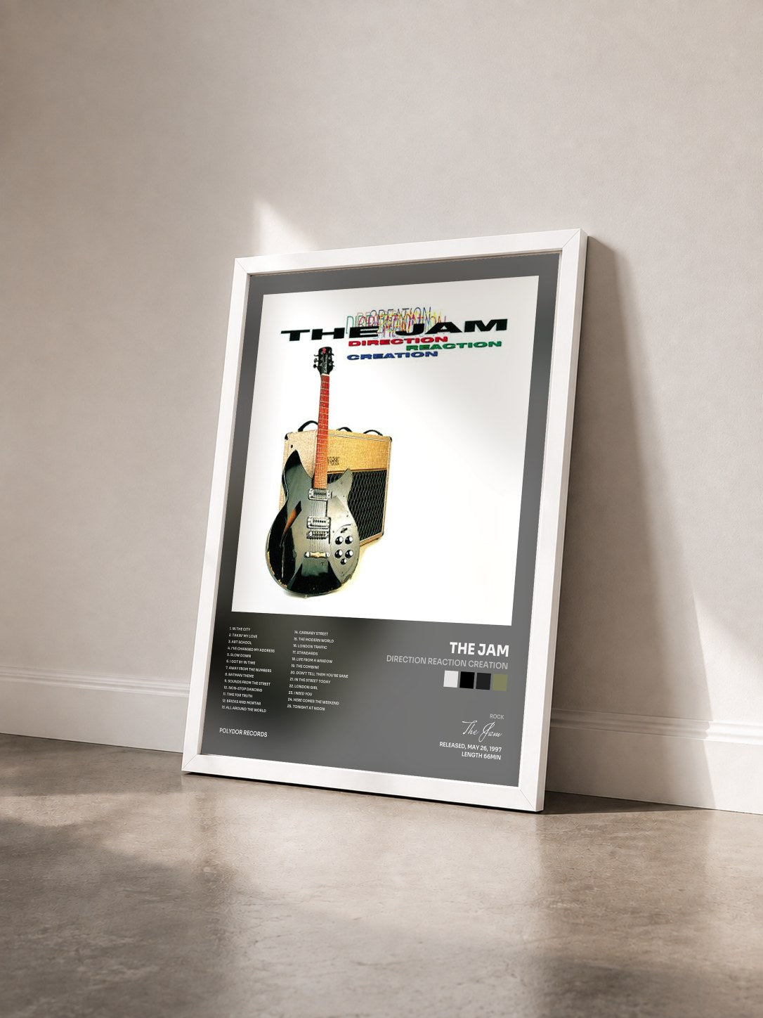 #blanc Tableau de l'album Direction Reaction Creation de The Jam vu de trois quarts, cadre blanc