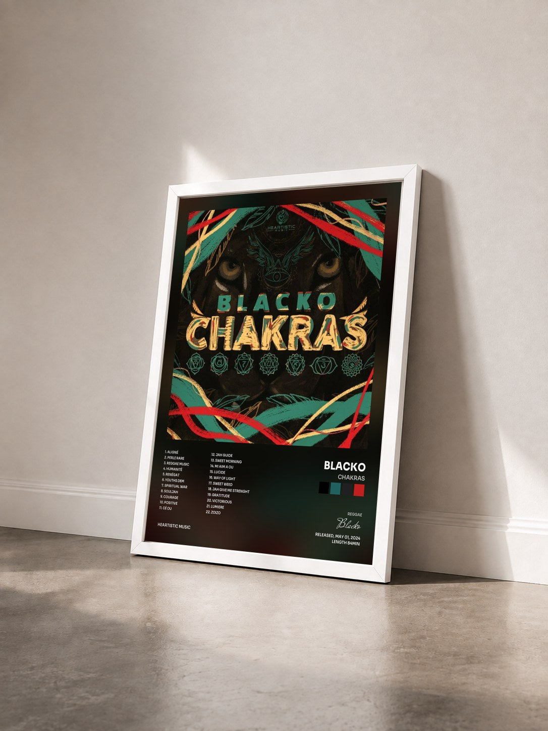 #blanc Tableau de l'album Chakras de Blacko vu de trois quarts, cadre blanc