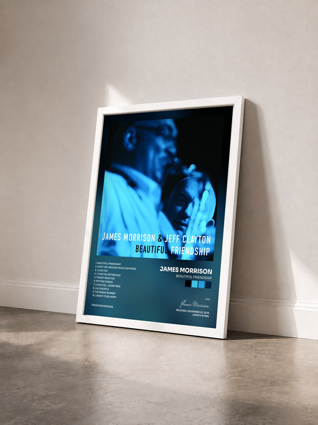 #blanc Tableau de l'album Beautiful Friendship de James Morrison vu de trois quarts, cadre blanc