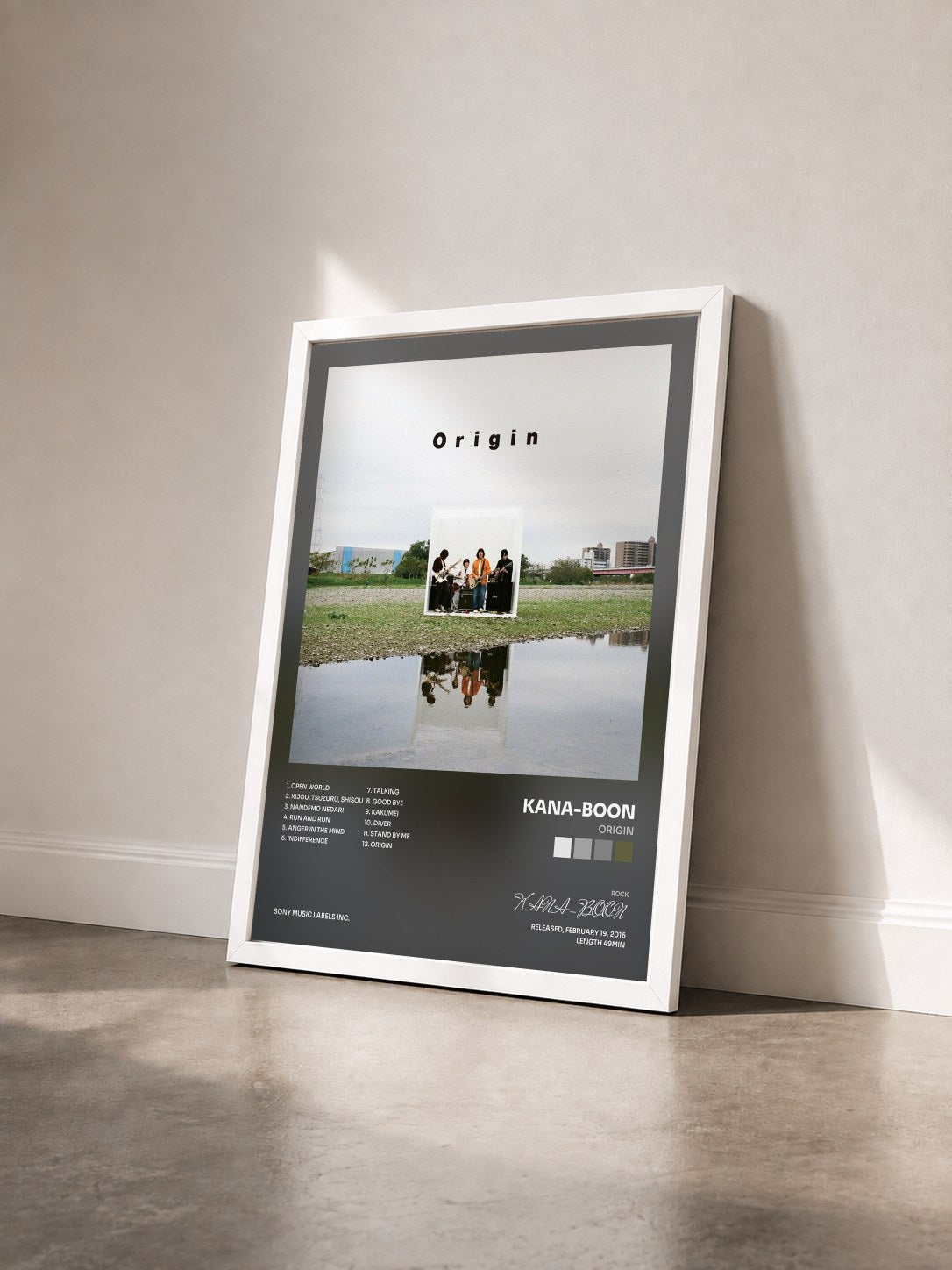 #blanc Tableau de l'album Origin de KANA-BOON vu de trois quarts, cadre blanc