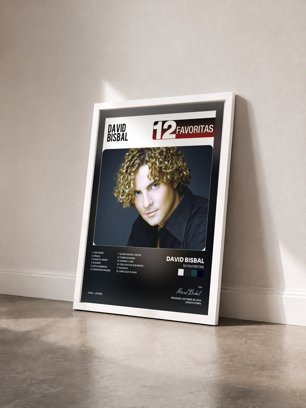 #blanc Tableau de l'album 12 Favoritas de David Bisbal vu de trois quarts, cadre blanc