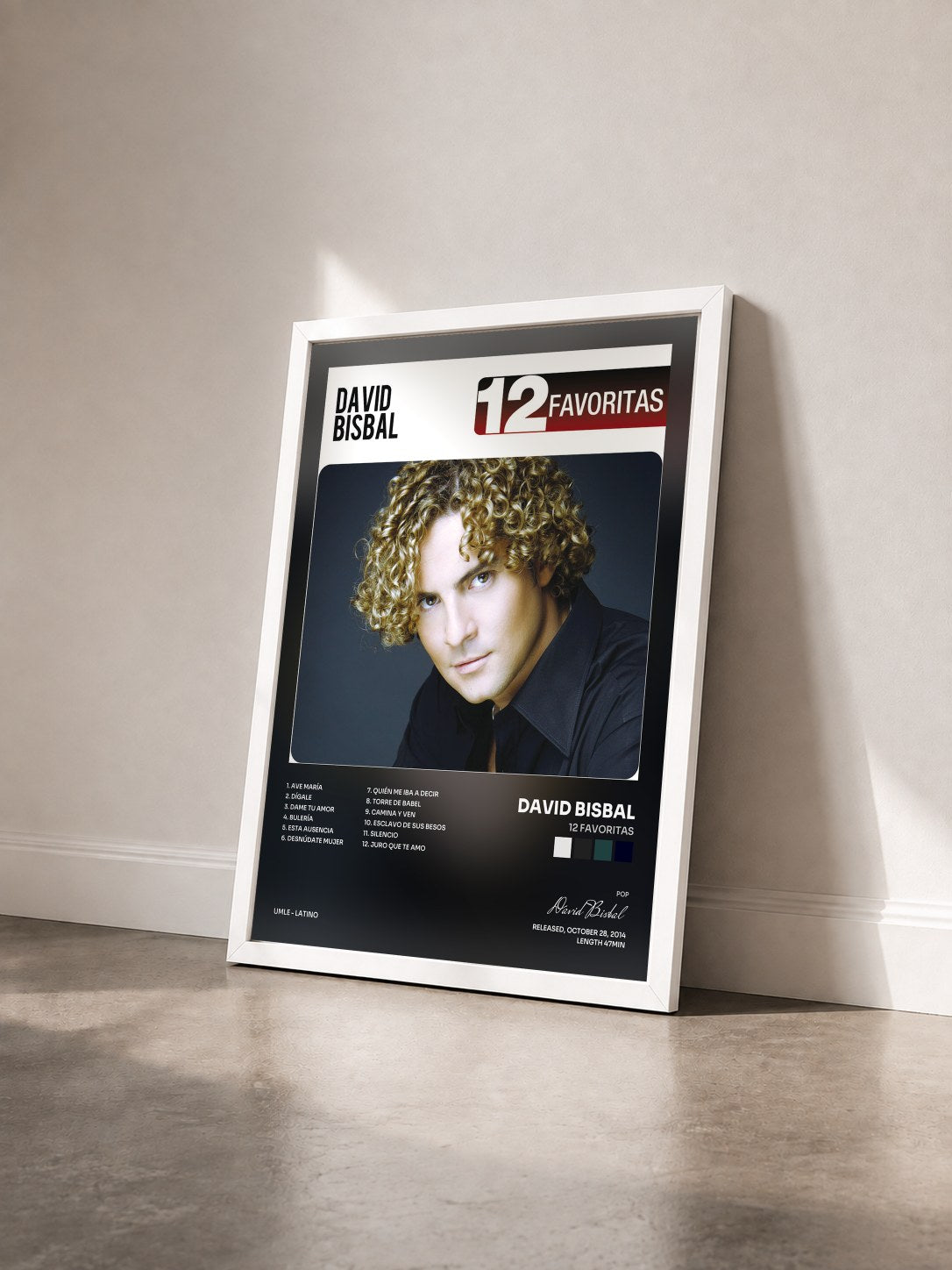 #blanc Tableau de l'album 12 Favoritas de David Bisbal vu de trois quarts, cadre blanc