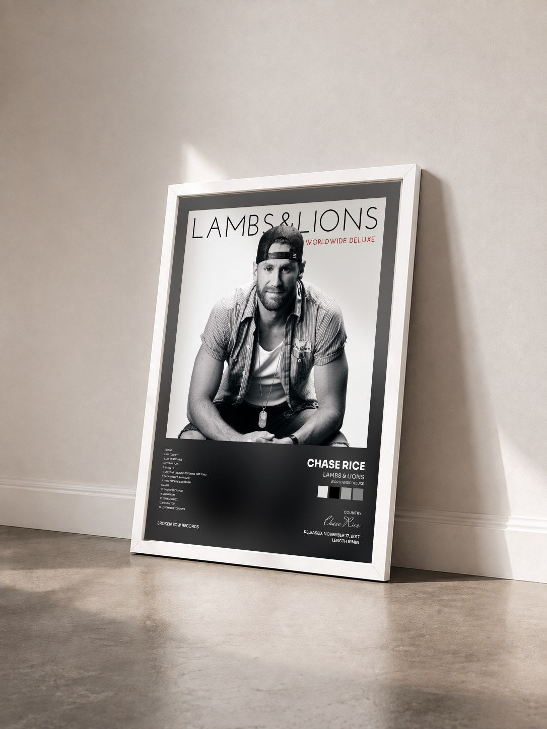 #blanc Tableau de l'album Lambs & Lions (Worldwide Deluxe) de Chase Rice vu de trois quarts, cadre blanc