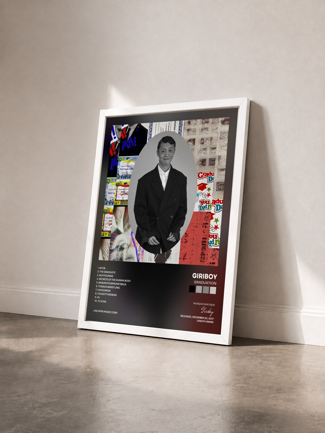 #blanc Tableau de l'album Graduation de Giriboy vu de trois quarts, cadre blanc