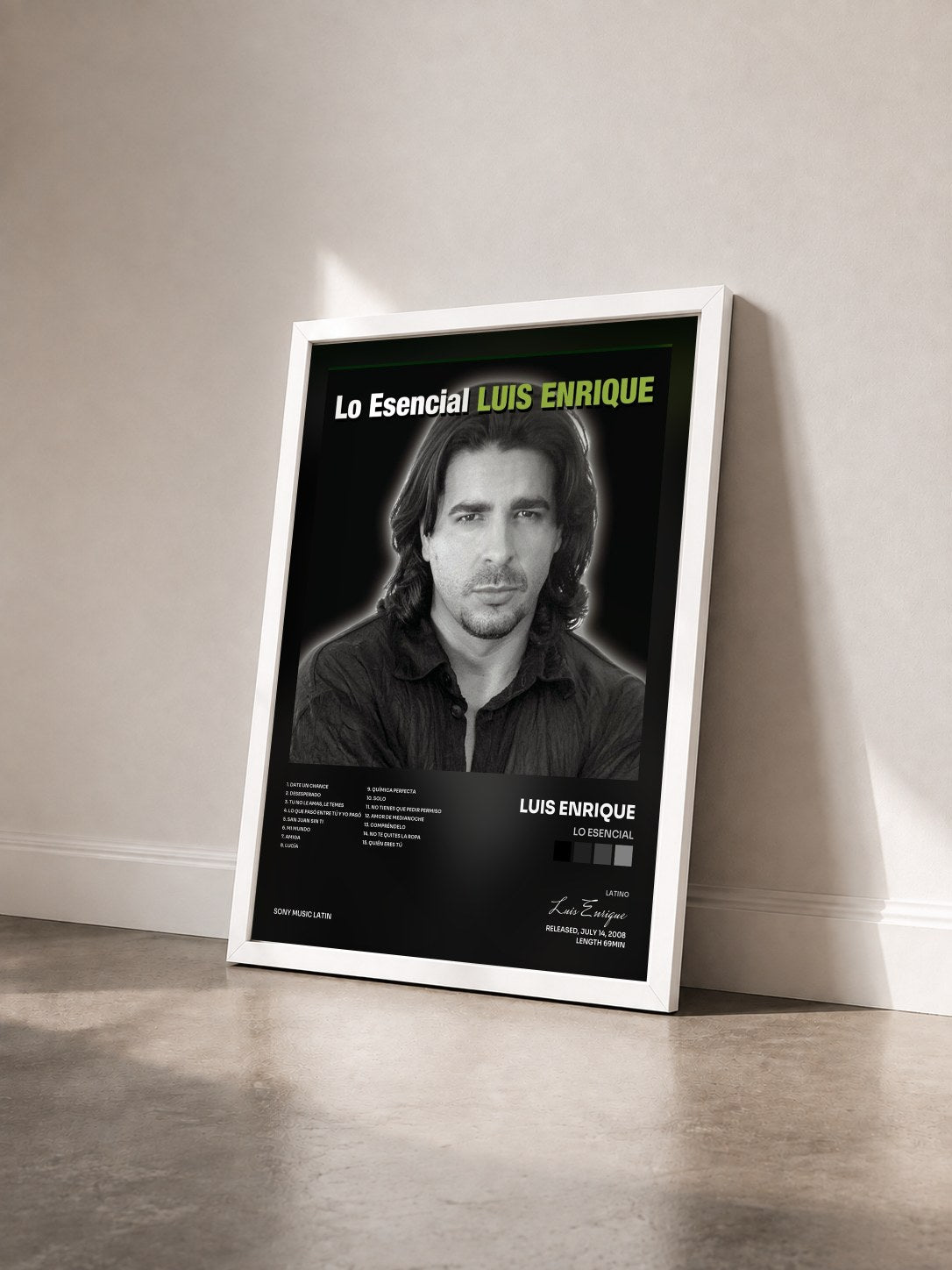 #blanc Tableau de l'album Lo Esencial de Luis Enrique vu de trois quarts, cadre blanc