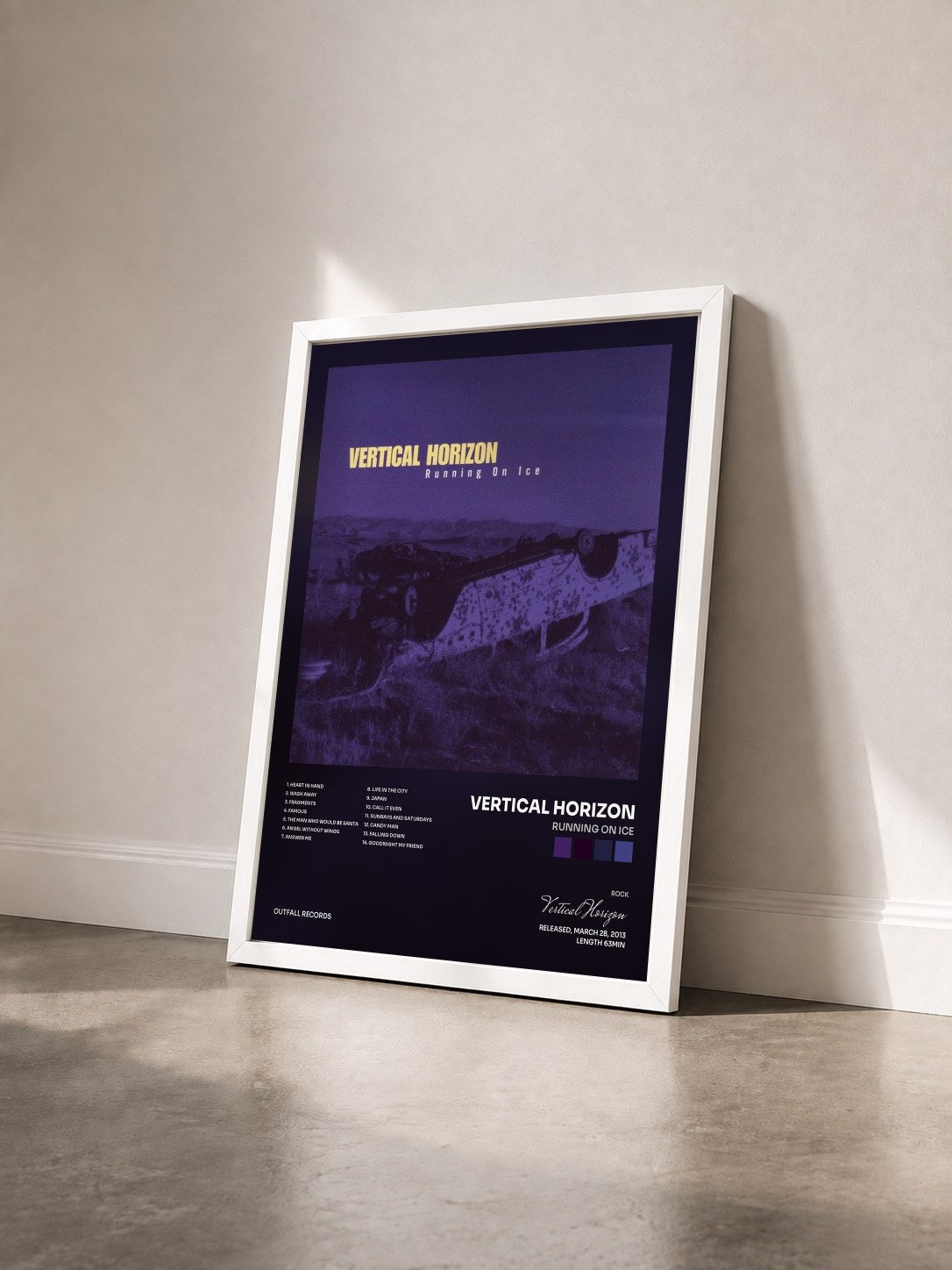 #blanc Tableau de l'album Running On Ice de Vertical Horizon vu de trois quarts, cadre blanc