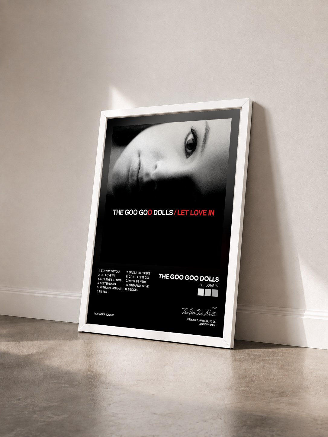 #blanc Tableau de l'album Let Love In de The Goo Goo Dolls vu de trois quarts, cadre blanc