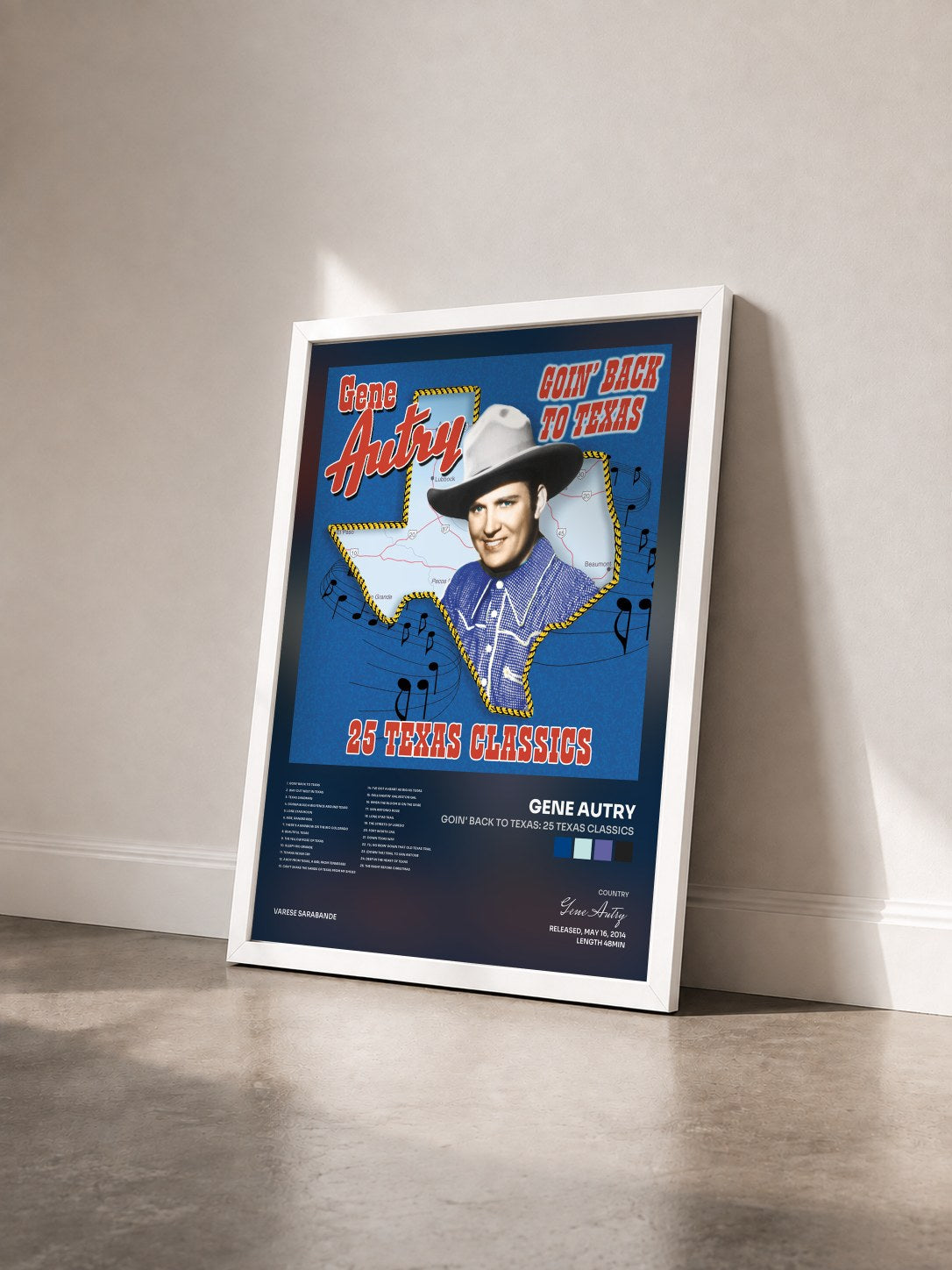 #blanc Tableau de l'album Goin' Back To Texas: 25 Texas Classics de Gene Autry vu de trois quarts, cadre blanc
