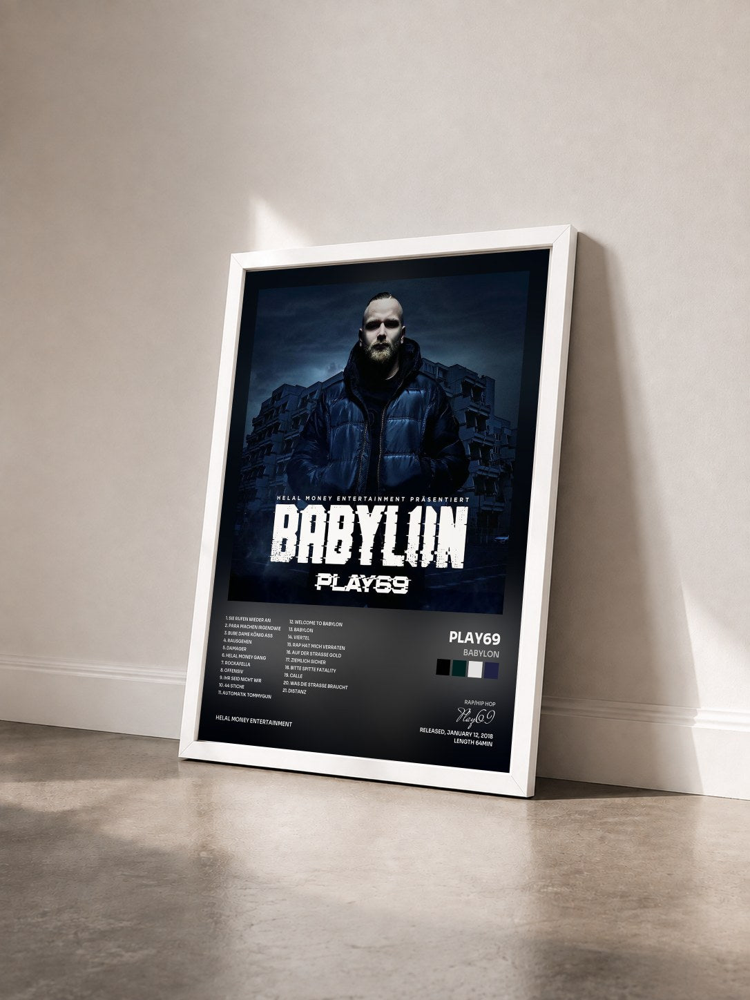#blanc Tableau de l'album Babylon de Play69 vu de trois quarts, cadre blanc