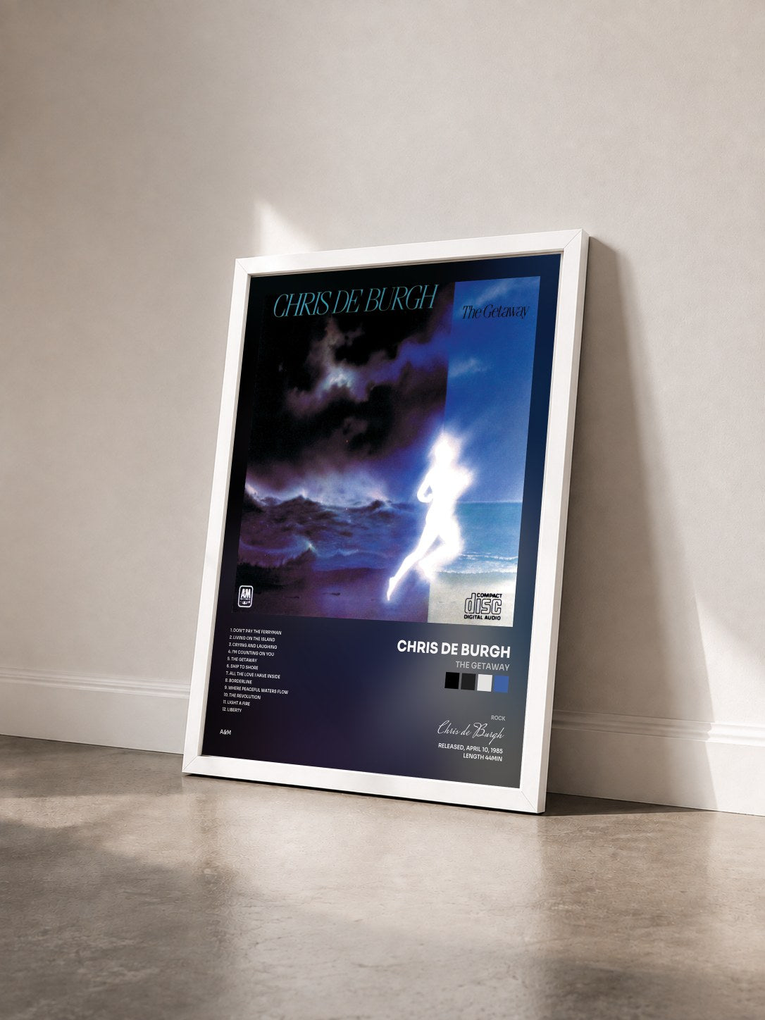 #blanc Tableau de l'album The Getaway de Chris de Burgh vu de trois quarts, cadre blanc