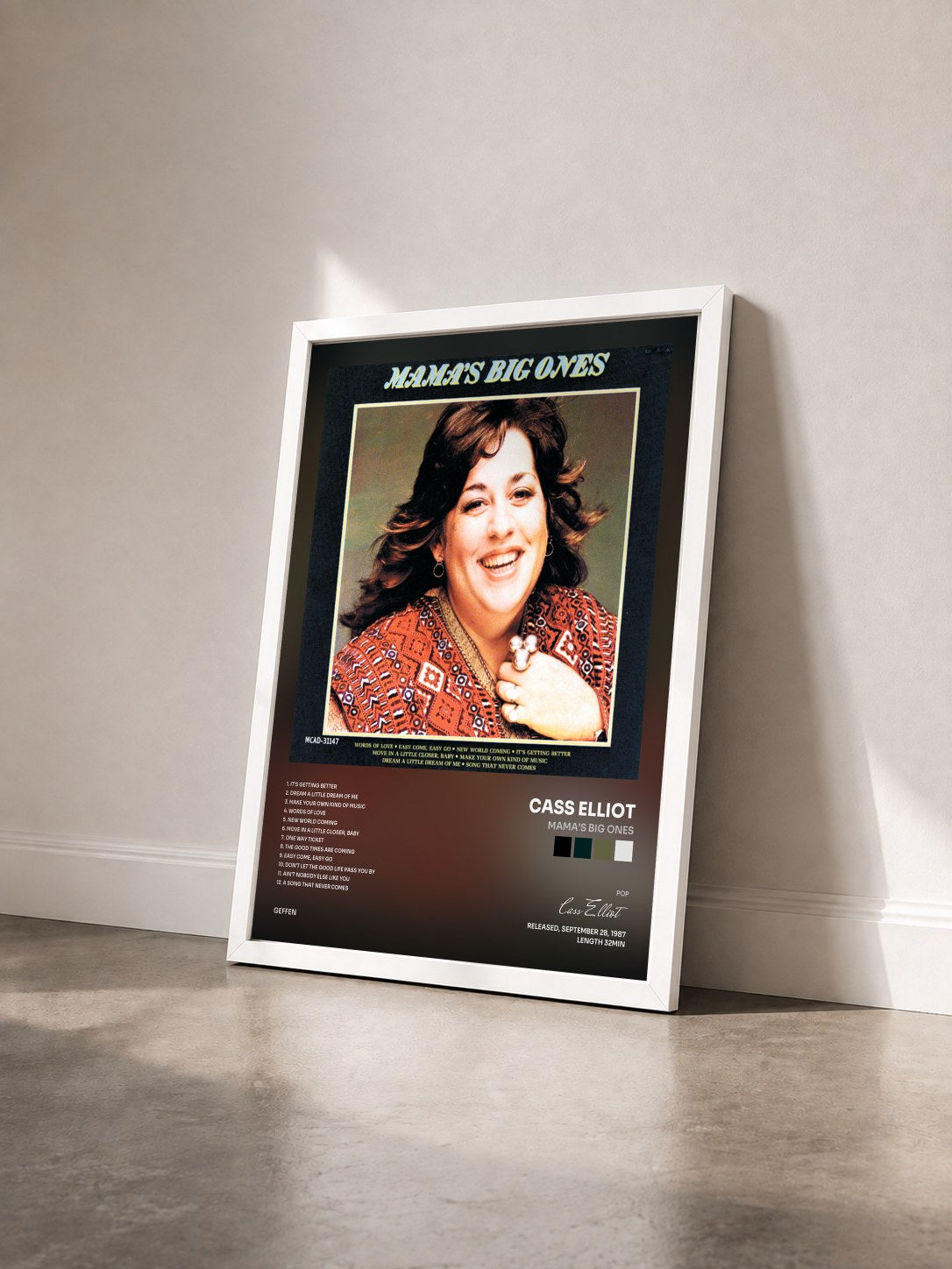 #blanc Tableau de l'album Mama's Big Ones de Cass Elliot vu de trois quarts, cadre blanc