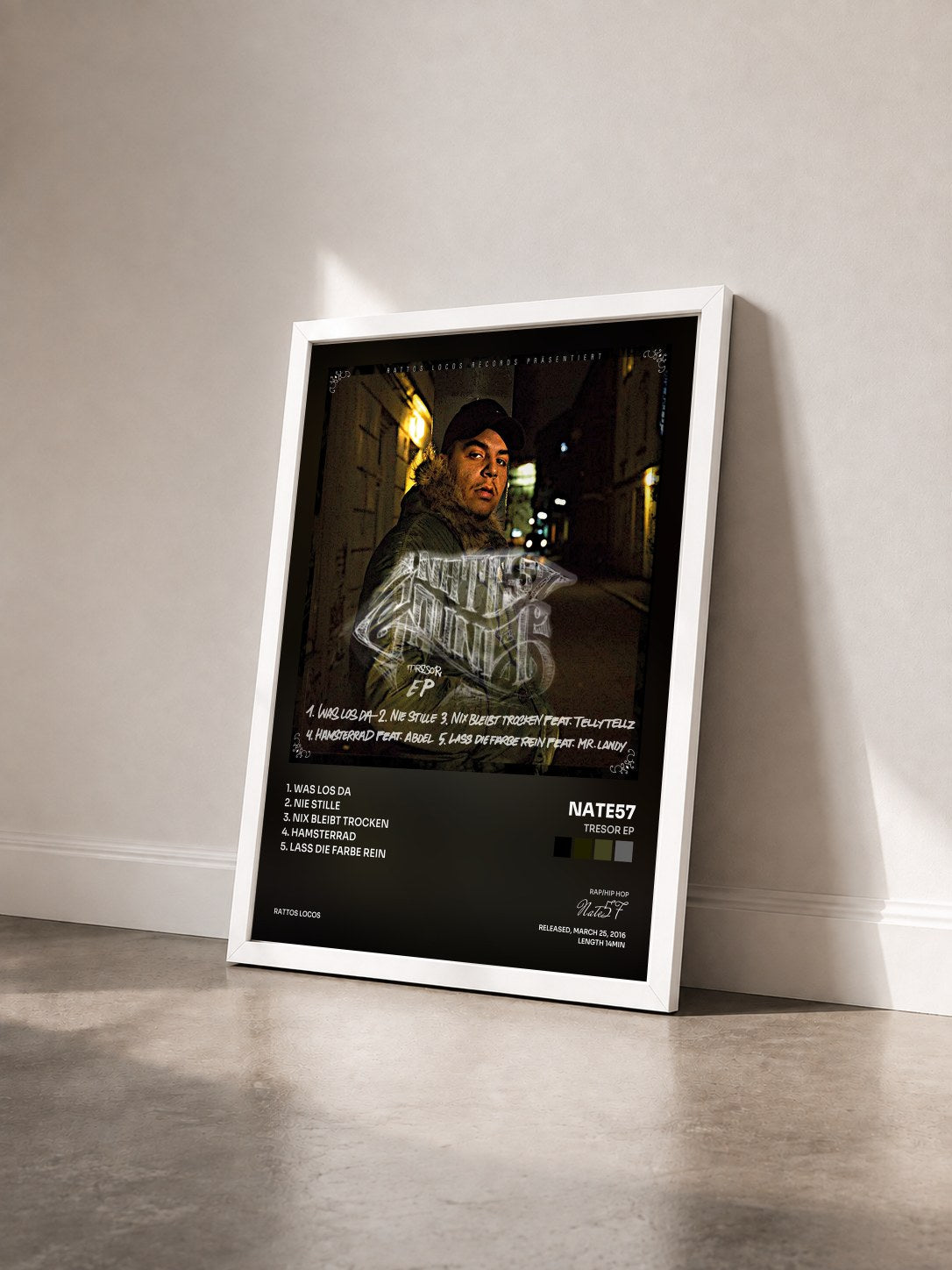 #blanc Tableau de l'album Tresor EP de Nate57 vu de trois quarts, cadre blanc