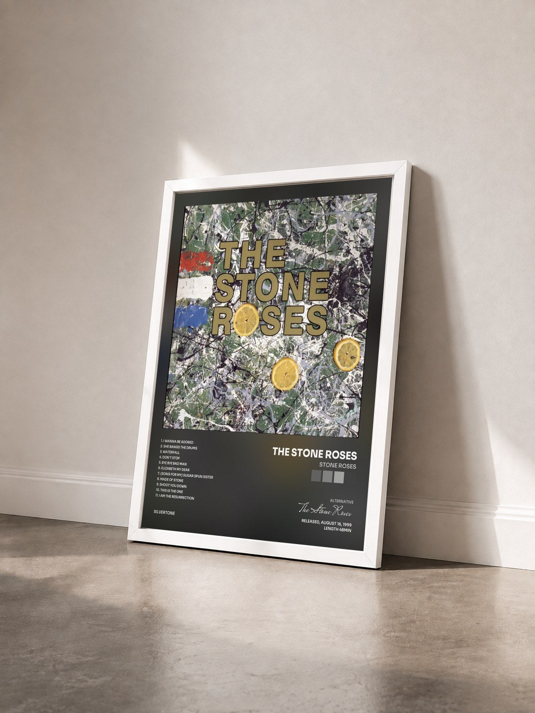 #blanc Tableau de l'album Stone Roses de The Stone Roses vu de trois quarts, cadre blanc