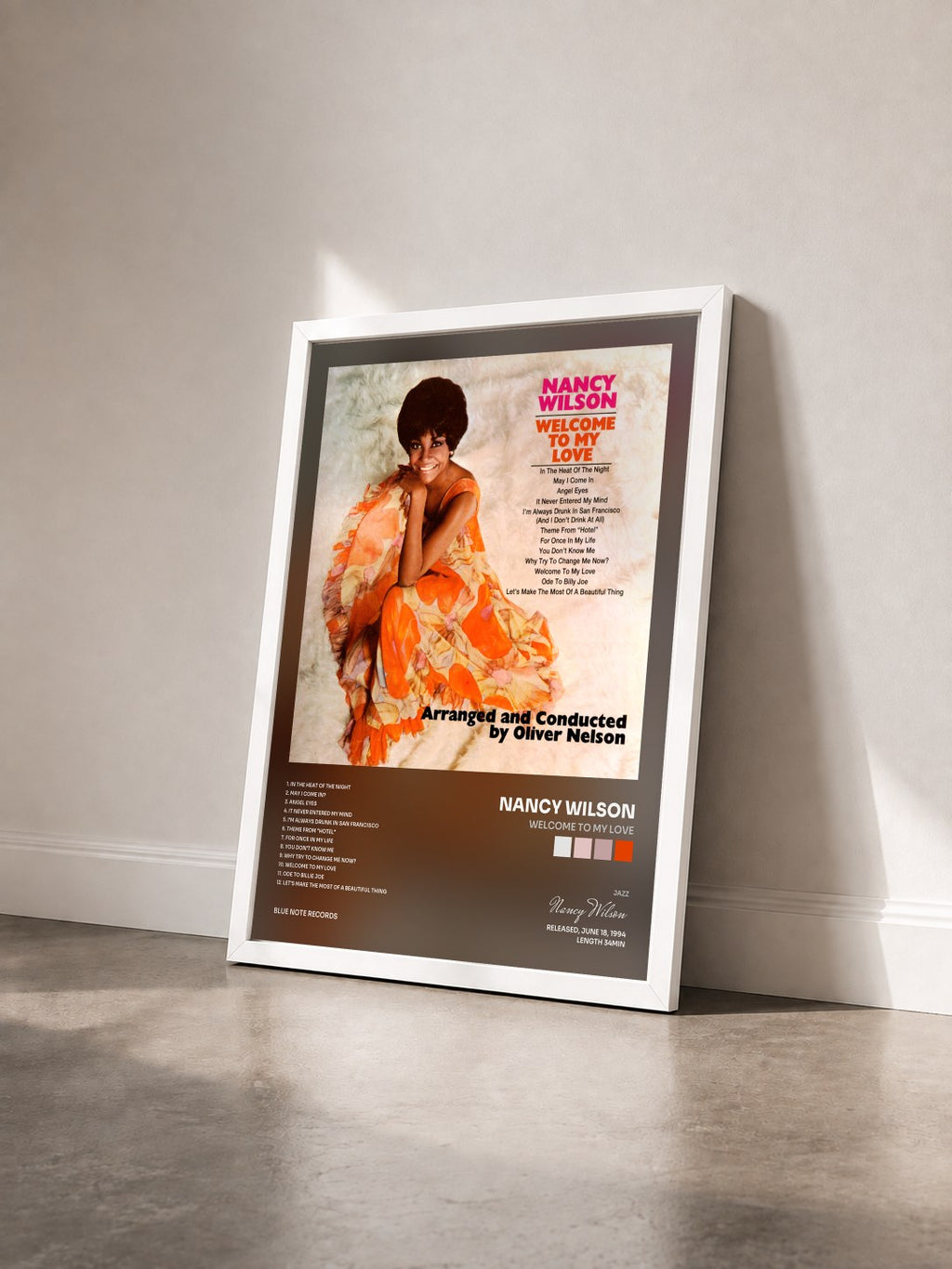 #blanc Tableau de l'album Welcome To My Love de Nancy Wilson vu de trois quarts, cadre blanc