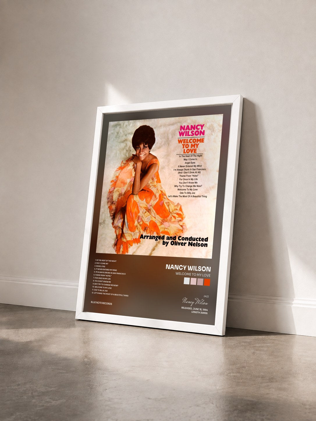 #blanc Tableau de l'album Welcome To My Love de Nancy Wilson vu de trois quarts, cadre blanc