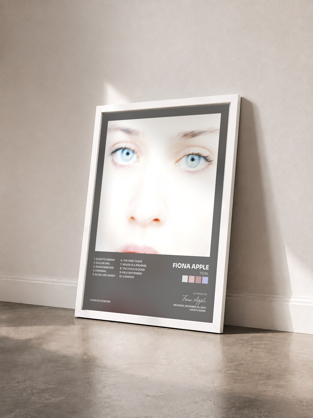 #blanc Tableau de l'album Tidal de Fiona Apple vu de trois quarts, cadre blanc