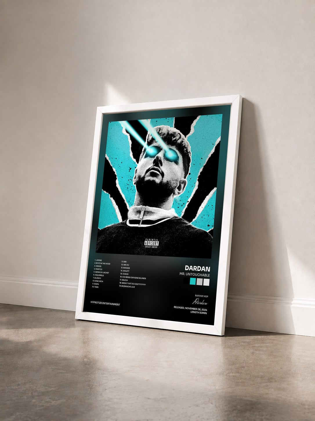 #blanc Tableau de l'album Mr. Untouchable de Dardan vu de trois quarts, cadre blanc
