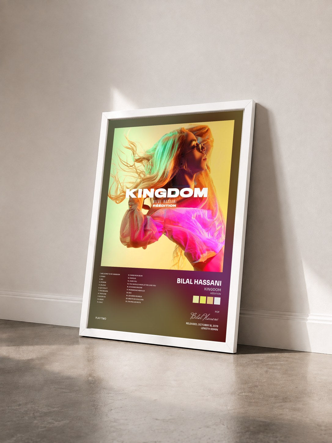 #blanc Tableau de l'album Kingdom (Réédition) de Bilal Hassani vu de trois quarts, cadre blanc