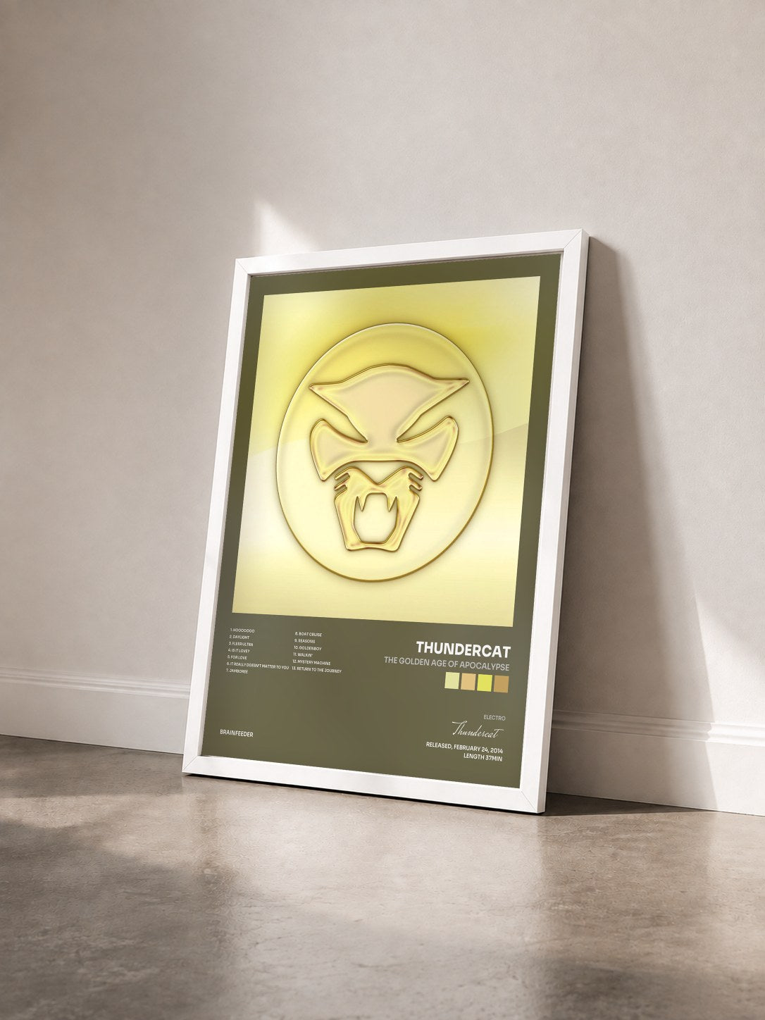 #blanc Tableau de l'album The Golden Age of Apocalypse de Thundercat vu de trois quarts, cadre blanc