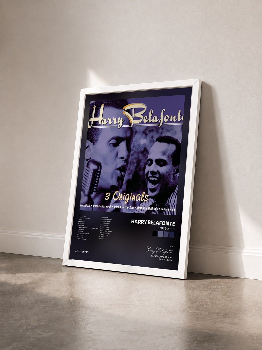 #blanc Tableau de l'album 3 Originals de Harry Belafonte vu de trois quarts, cadre blanc